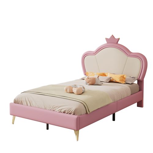 Lit Enfant Rembourré 90x200 Cm, Moulure De Couronne, Pieds En Métal Doré, Pu, Rose + Blanc