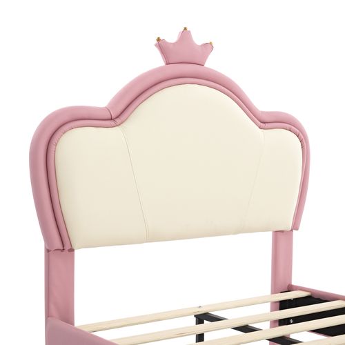 Lit Enfant Rembourré 90x200 Cm, Moulure De Couronne, Pieds En Métal Doré, Pu, Rose + Blanc