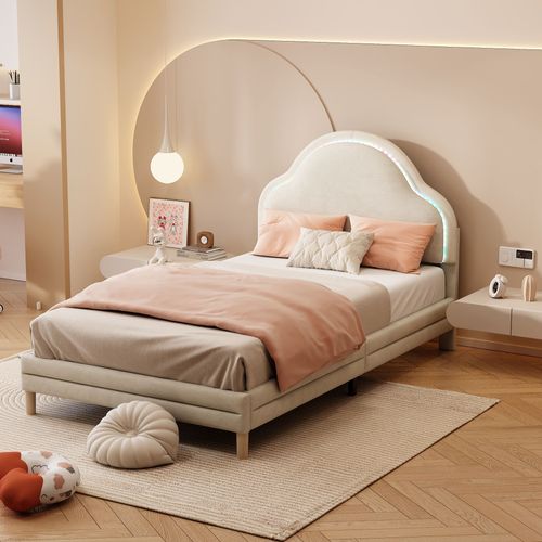 Lit Enfant Rembourré 90x200 Cm, Avec Tête De Lit En Forme De Nuage Et LED, Velours, Beige