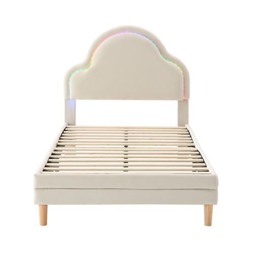 Lit Enfant Rembourré 90x200 Cm, Avec Tête De Lit En Forme De Nuage Et LED, Velours, Beige