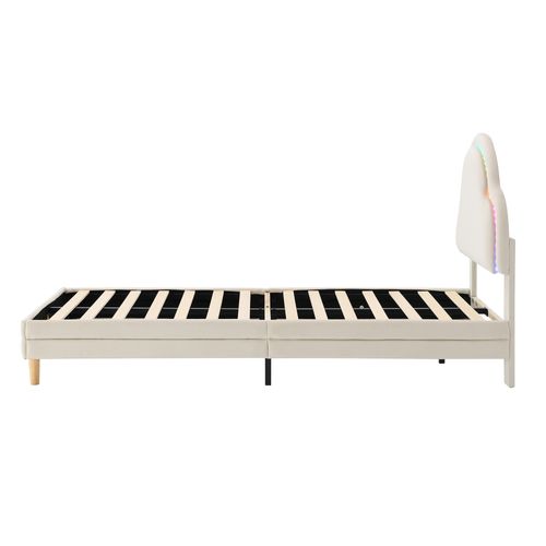 Lit Enfant Rembourré 90x200 Cm, Avec Tête De Lit En Forme De Nuage Et LED, Velours, Beige