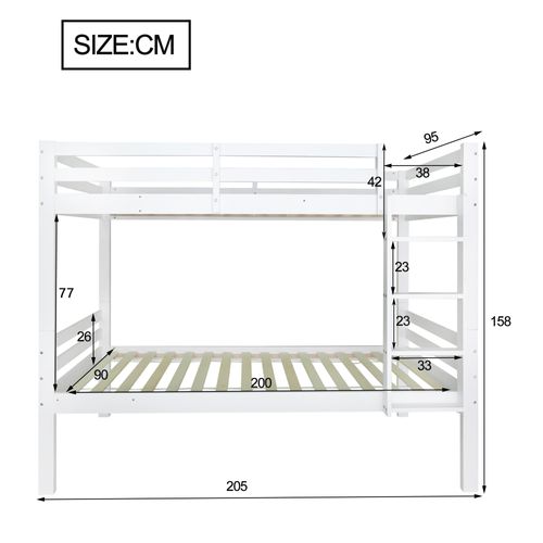 Lit Superposé Enfant 90x200cm, Lit Divisé En 2 Lits Simples, Bois De Pin + Mdf, Blanc
