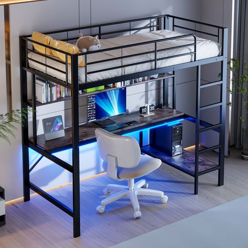 Lit Mezzanine 90*200cm, USB + LED + Prises Électriques + Bureau + Étagère, En Métal, Noir