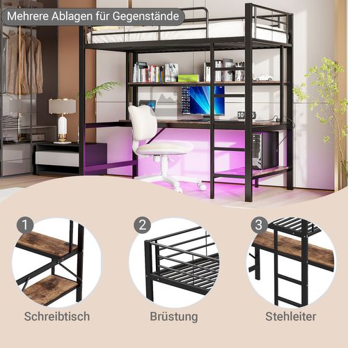 Lit Mezzanine 90*200cm, USB + LED + Prises Électriques + Bureau + Étagère, En Métal, Noir