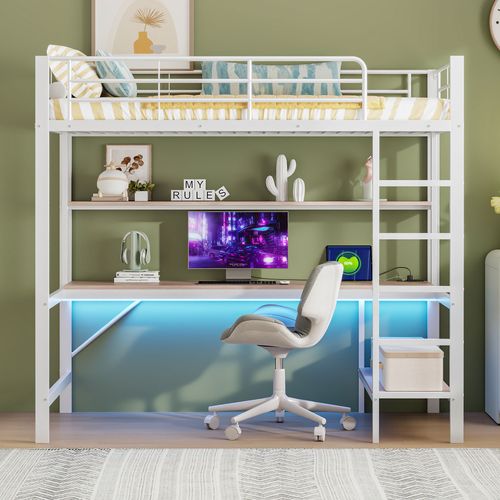 Lit Mezzanine 90x200cm avec USB, LED, Prises Électriques, Bureau, Étagère, En Métal, Blanc