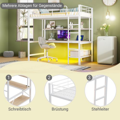 Lit Mezzanine 90x200cm avec USB, LED, Prises Électriques, Bureau, Étagère, En Métal, Blanc