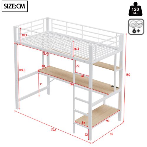 Lit Mezzanine 90x200cm avec USB, LED, Prises Électriques, Bureau, Étagère, En Métal, Blanc