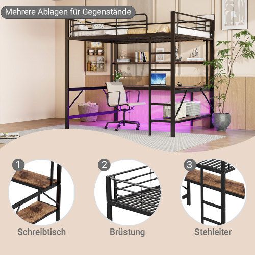 Lit Mezzanine 140x200 cm avec USB + LED + Prises Électriques + Bureau + Étagère, En Métal, Noir