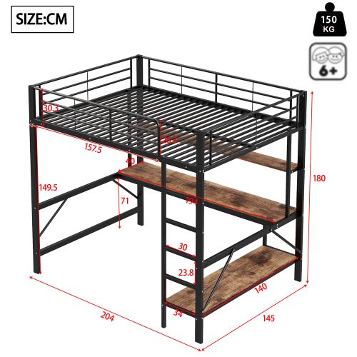 Lit Mezzanine 140x200 cm avec USB + LED + Prises Électriques + Bureau + Étagère, En Métal, Noir