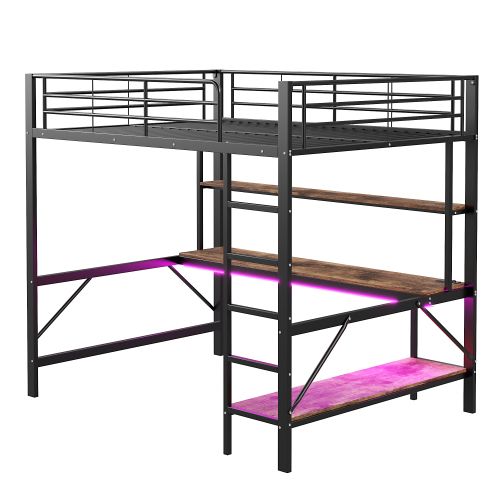Lit Mezzanine 140x200 cm avec USB + LED + Prises Électriques + Bureau + Étagère, En Métal, Noir