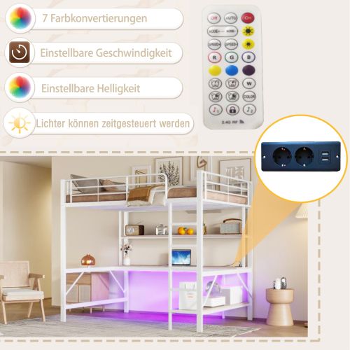 Lit Mezzanine 140*200cm, USB + LED + Prises Électriques + Bureau + Étagère, En Métal, blanc