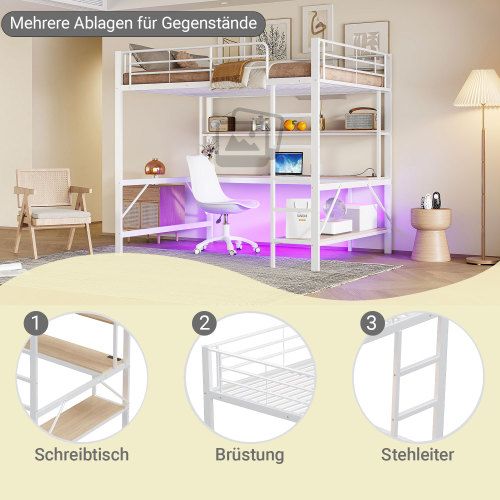 Lit Mezzanine 140*200cm, USB + LED + Prises Électriques + Bureau + Étagère, En Métal, blanc