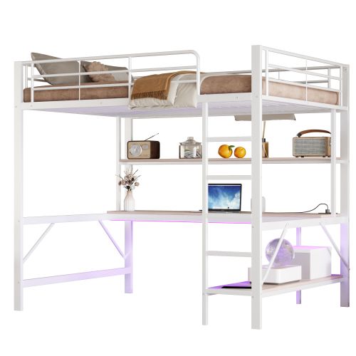 Lit Mezzanine 140*200cm, USB + LED + Prises Électriques + Bureau + Étagère, En Métal, blanc