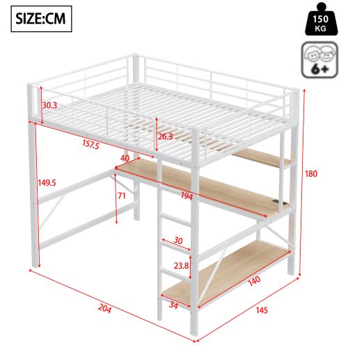 Lit Mezzanine 140*200cm, USB + LED + Prises Électriques + Bureau + Étagère, En Métal, blanc