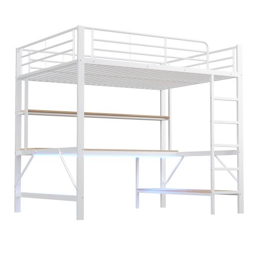 Lit Mezzanine 140*200cm, USB + LED + Prises Électriques + Bureau + Étagère, En Métal, blanc