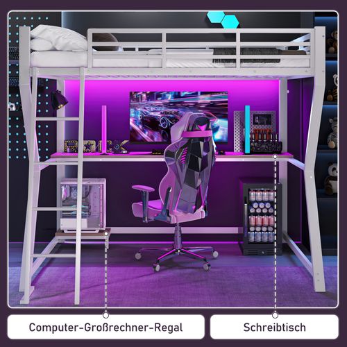 Lit Mezzanine 90x200 cm, USB + LED + Prises Électriques + Bureau, En Métal, Blanc