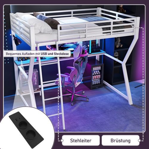 Lit Mezzanine 90x200 cm, USB + LED + Prises Électriques + Bureau, En Métal, Blanc