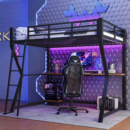 Lit Mezzanine 90x200cm, USB + LED + Prises Électriques + Bureau, En Métal, Noir