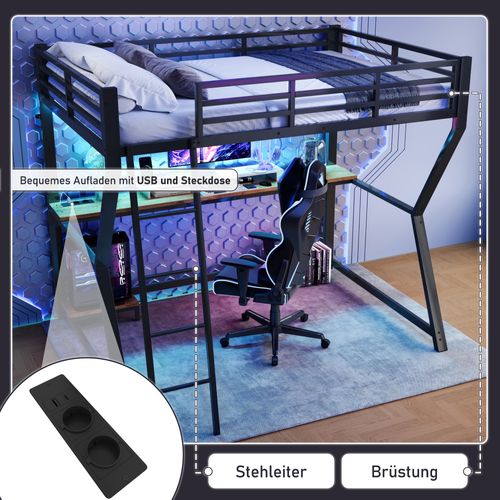 Lit Mezzanine 90x200cm, USB + LED + Prises Électriques + Bureau, En Métal, Noir