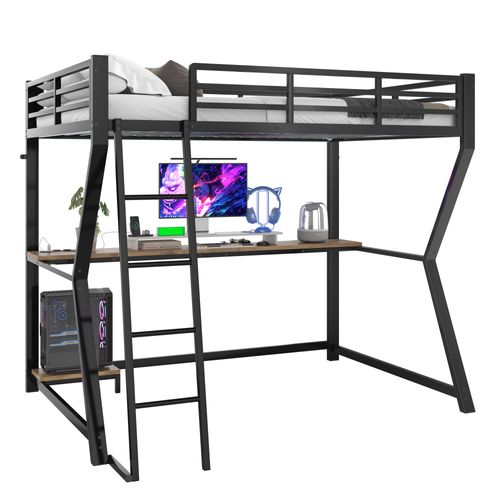 Lit Mezzanine 90x200cm, USB + LED + Prises Électriques + Bureau, En Métal, Noir