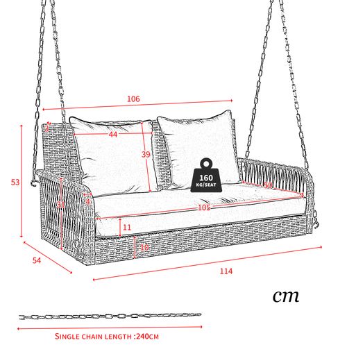 Balancelle Suspendue En Rotin 113×54×53 Cm, Coussin 11 Cm, Chaînes 240 Cm, 160 Kg, Naturel