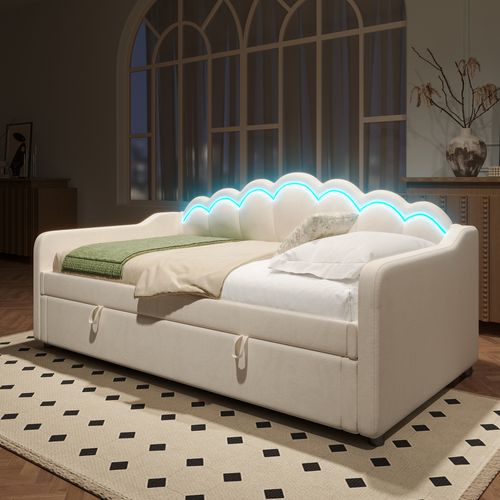 Lit Coffre 90x200 Cm Avec Bandeau LED , En Velours Beige