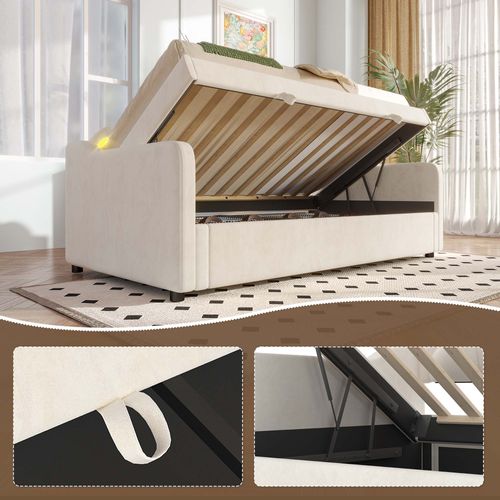 Lit Coffre 90x200 Cm Avec Bandeau LED , En Velours Beige