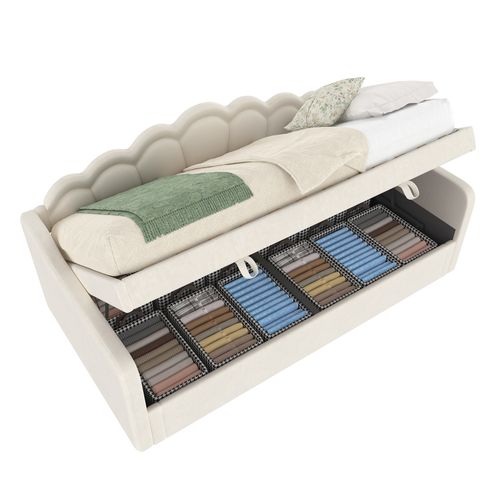 Lit Coffre 90x200 Cm Avec Bandeau LED , En Velours Beige