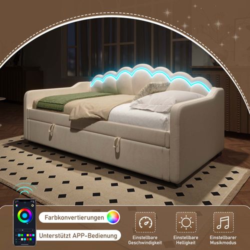 Lit Coffre 90x200 Cm Avec Bandeau LED , En Velours Beige