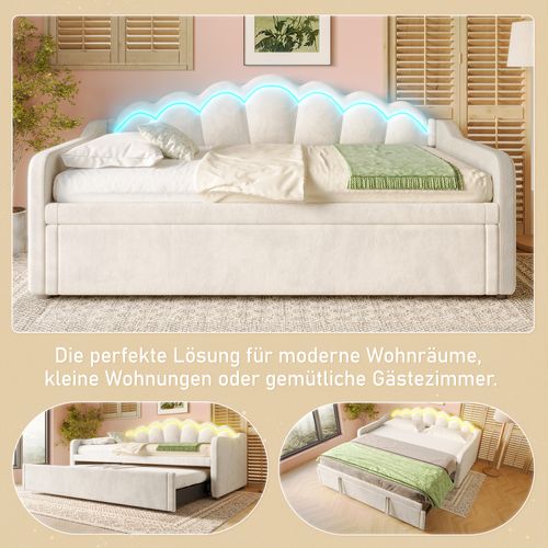 Lit Gigogne, Lit enfant 90*200cm, Avec Bandeau LED , En Velours Beige.