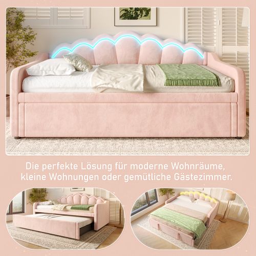Lit Gigogne, Lit enfant 90*200cm, Avec Bandeau LED , En Velours Rose.