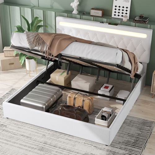 Lit Coffre adulte 180x200 cm avec LED et charge USB type C, Tissu Lin Blanc