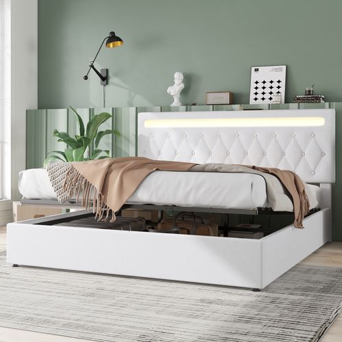 Lit Coffre adulte 180x200 cm avec LED et charge USB type C, Tissu Lin Blanc