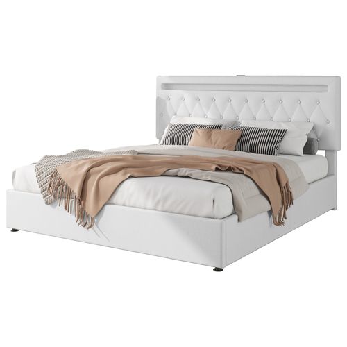 Lit Coffre adulte 180x200 cm avec LED et charge USB type C, Tissu Lin Blanc