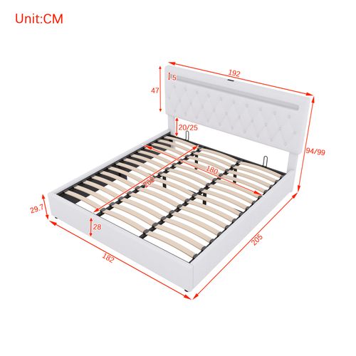 Lit Coffre adulte 180x200 cm avec LED et charge USB type C, Tissu Lin Blanc