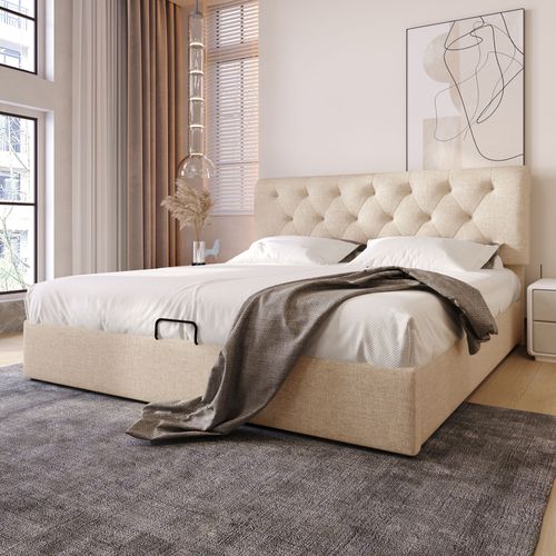 Lit Coffre Adulte 140x200 Cm Avec Tête Réglable, Coffre De Rangement Et Sommier – Lin Beige