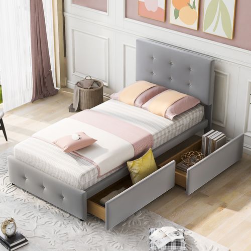 Lit Enfant 90x200 Cm En Velours Avec Tiroirs Et Sommier, Tête Réglable, Gris