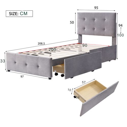 Lit Enfant 90x200 Cm En Velours Avec Tiroirs Et Sommier, Tête Réglable, Gris