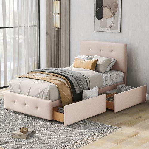 Lit Enfant 90x200 Cm En Velours Avec Tiroirs Et Sommier, Tête Réglable, Beige