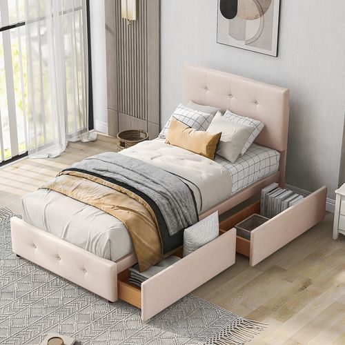 Lit Enfant 90x200 Cm En Velours Avec Tiroirs Et Sommier, Tête Réglable, Beige