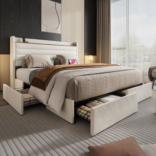 Lit Adulte 160x200 cm, Lit 2 places, Lit avec 4 Tiroirs De Rangement, Prises, En Velours Beige