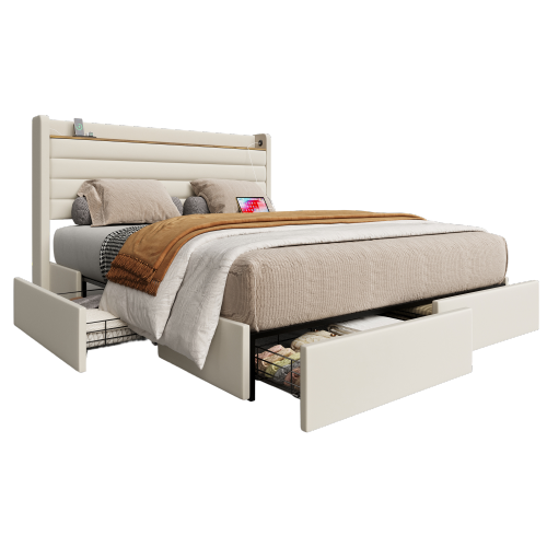 Lit Adulte 160x200 cm, Lit 2 places, Lit avec 4 Tiroirs De Rangement, Prises, En Velours Beige