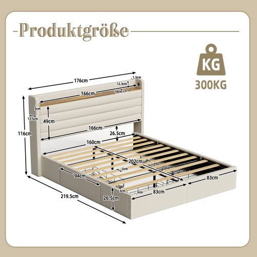 Lit Adulte 160x200 cm, Lit 2 places, Lit avec 4 Tiroirs De Rangement, Prises, En Velours Beige