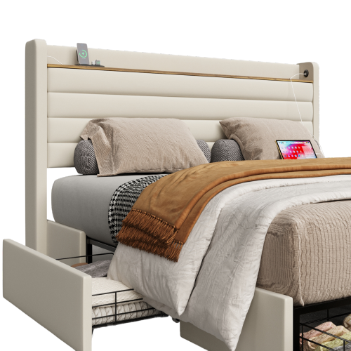 Lit Adulte 160x200 cm, Lit 2 places, Lit avec 4 Tiroirs De Rangement, Prises, En Velours Beige