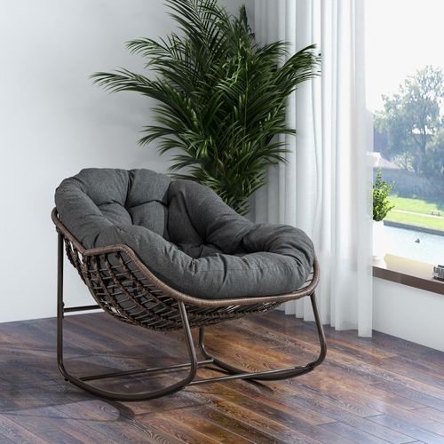 Fauteuil à Bascule D'extérieur En Rotin, Coussin Rembourré En Cotton, Cadre En Ancier, Gris Foncé