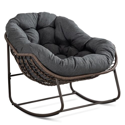 Fauteuil à Bascule D'extérieur En Rotin, Coussin Rembourré En Cotton, Cadre En Ancier, Gris Foncé