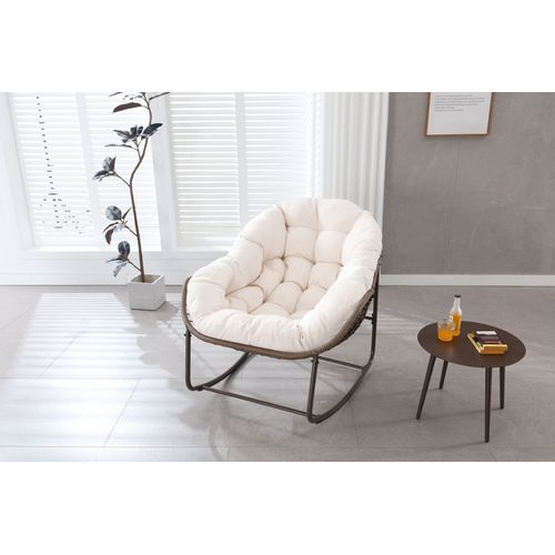 Fauteuil à Bascule D'extérieur En Rotin, Coussin Rembourré En Cotton, Cadre En Ancier, Beige