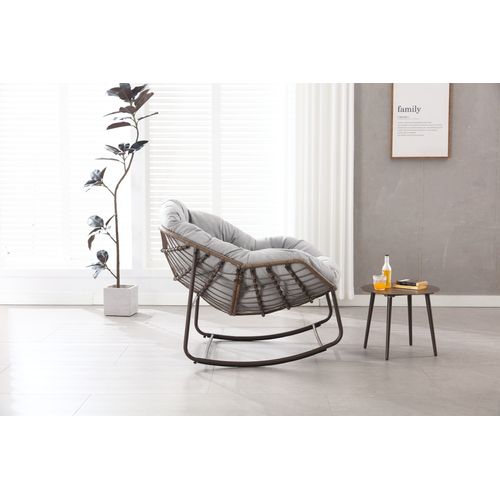 Fauteuil à Bascule D'extérieur En Rotin, Coussin Rembourré En Cotton, Cadre En Ancier, Gris Clair