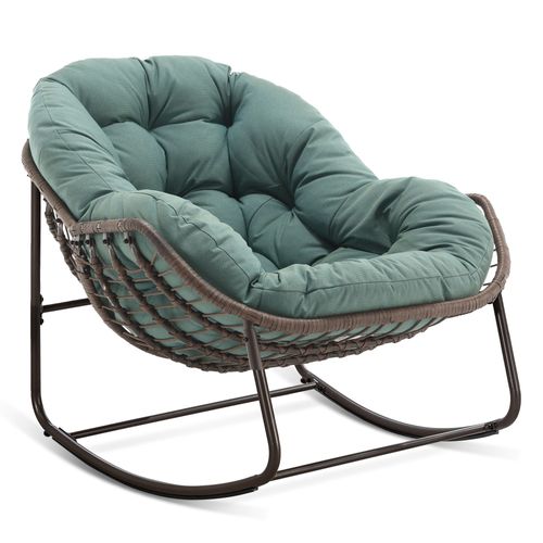 Fauteuil à Bascule D'extérieur En Rotin, Coussin Rembourré En Cotton, Cadre En Ancier, Vert