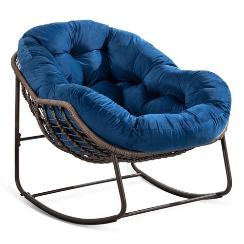 Fauteuil à Bascule D'extérieur En Rotin, Coussin Rembourré, Cadre En Ancier, Bleu Marine